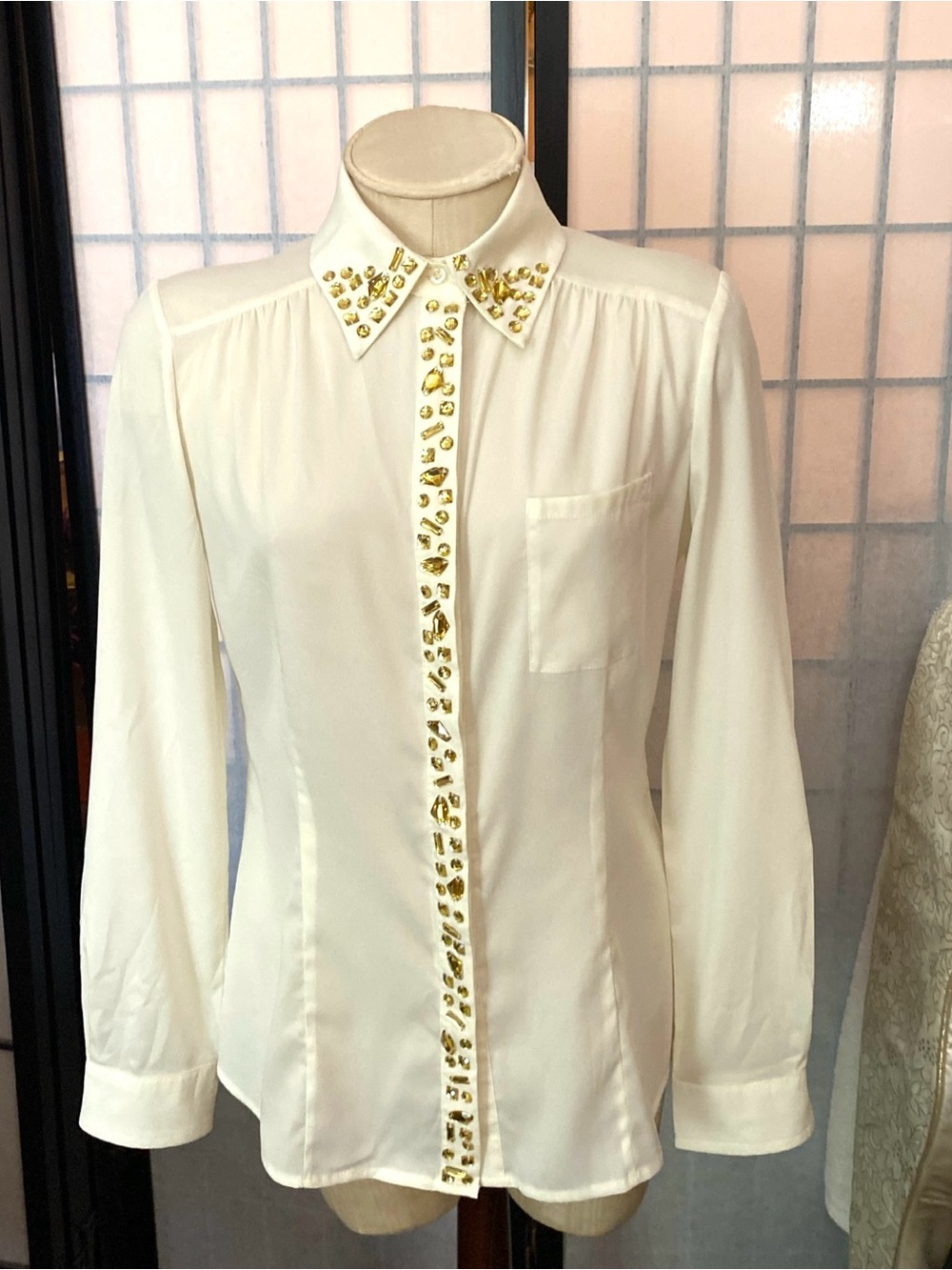 Arden B Wom S Off-White Bejeweled Chiffon Blouse Hidden Placket Princess Seams